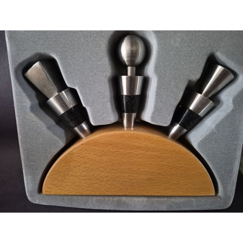 Set of 3 Stainless Steel Bottle Stoppers with Wood Stand NWB